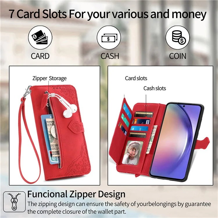 Para el caso del Samsung Galaxy A35 5G PU Leather Stand Zipper Pocket Phone Cover con Muñequera - Rojo