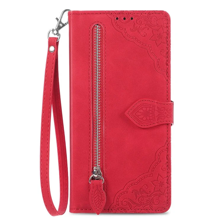 Para el caso del Samsung Galaxy A35 5G PU Leather Stand Zipper Pocket Phone Cover con Muñequera - Rojo