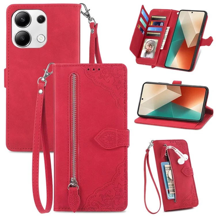 Para Xiaomi Redmi Note 13 5G Estuche de piel con cremallera y soporte, tapa abatible para teléfono - Rojo