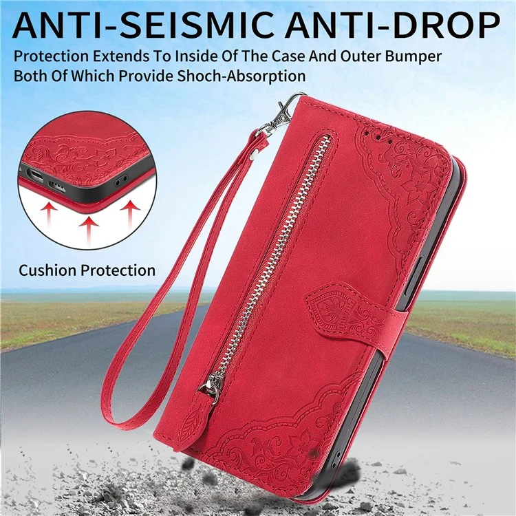 Para Xiaomi Redmi Note 13 5G Estuche de piel con cremallera y soporte, tapa abatible para teléfono - Rojo