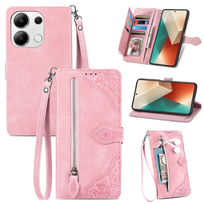 For Xiaomi Redmi Note 13 5G Zipper Wallet Case with Strap Flower Imprint PU Leather Phone Cover - Pink