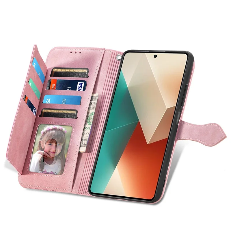 For Xiaomi Redmi Note 13 5G Zipper Wallet Case with Strap Flower Imprint PU Leather Phone Cover - Pink