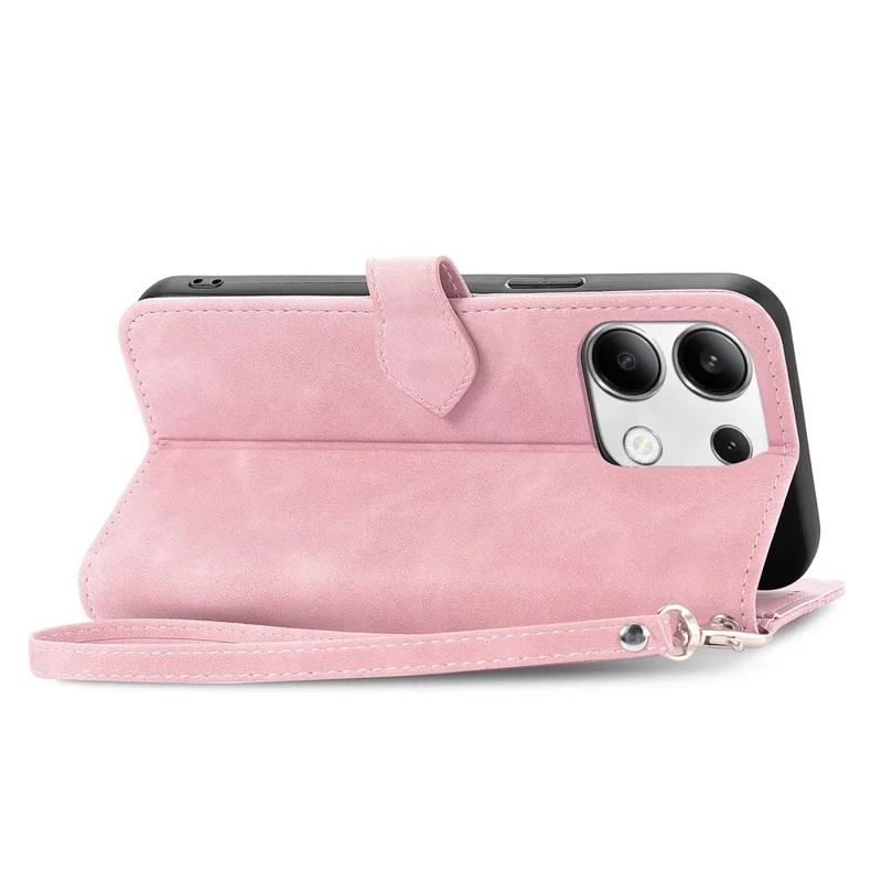 For Xiaomi Redmi Note 13 5G Zipper Wallet Case with Strap Flower Imprint PU Leather Phone Cover - Pink