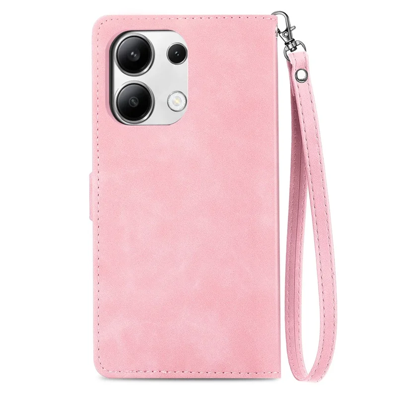 For Xiaomi Redmi Note 13 5G Zipper Wallet Case with Strap Flower Imprint PU Leather Phone Cover - Pink