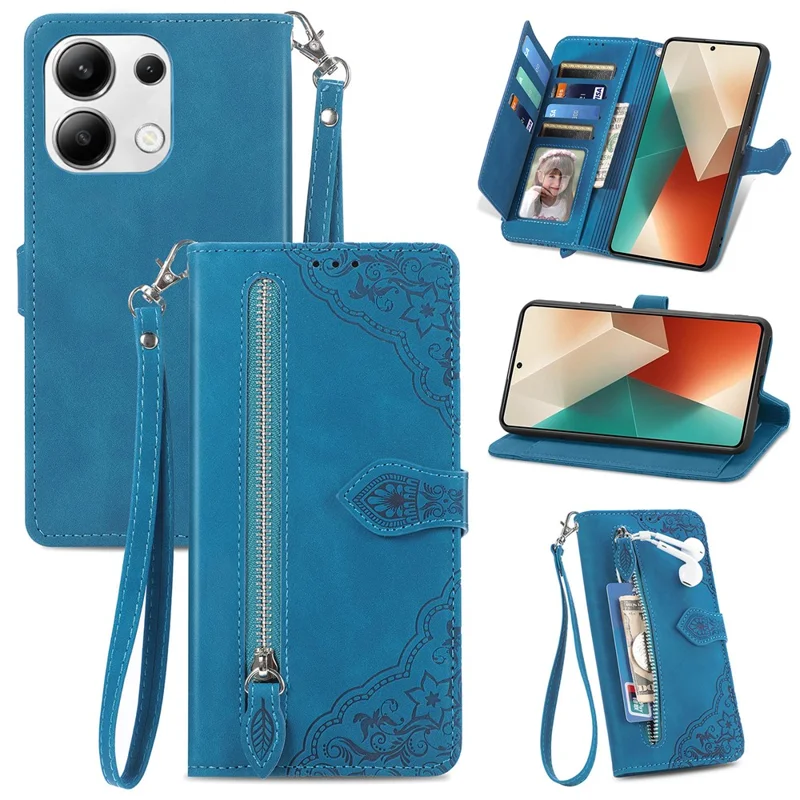 For Xiaomi Redmi Note 13 5G Zipper Wallet Case with Strap Flower Imprint PU Leather Phone Cover - Blue