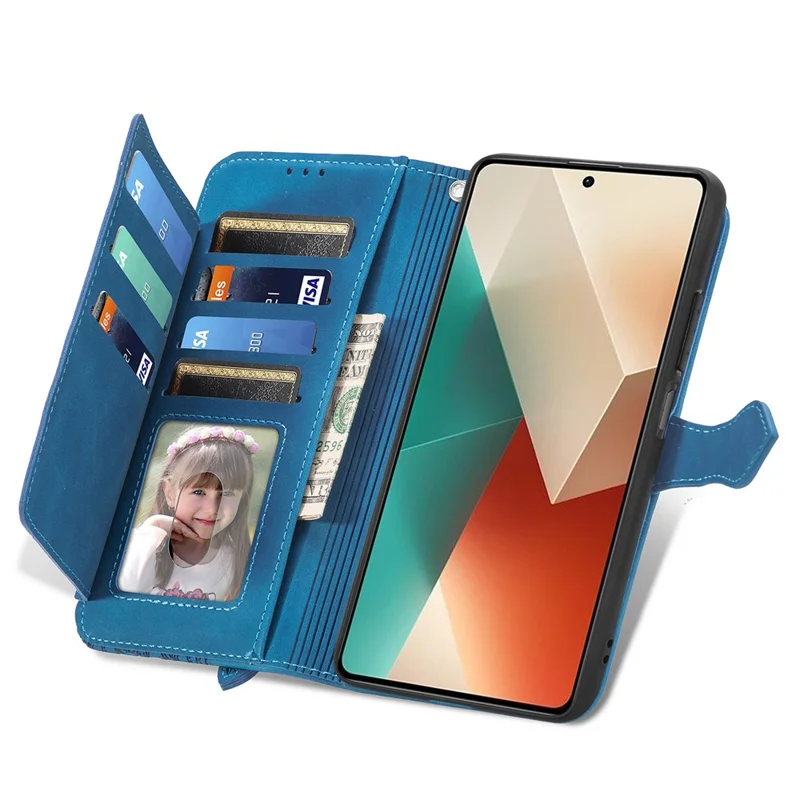 For Xiaomi Redmi Note 13 5G Zipper Wallet Case with Strap Flower Imprint PU Leather Phone Cover - Blue