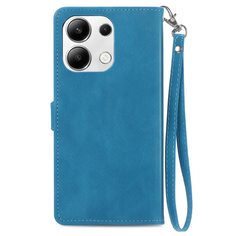 For Xiaomi Redmi Note 13 5G Zipper Wallet Case with Strap Flower Imprint PU Leather Phone Cover - Blue