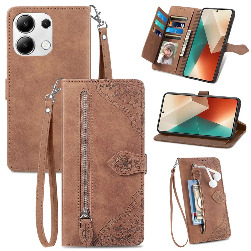 For Xiaomi Redmi Note 13 5G Zipper Wallet Case with Strap Flower Imprint PU Leather Phone Cover - Brown