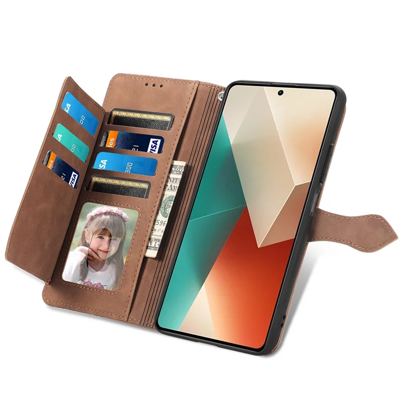 For Xiaomi Redmi Note 13 5G Zipper Wallet Case with Strap Flower Imprint PU Leather Phone Cover - Brown