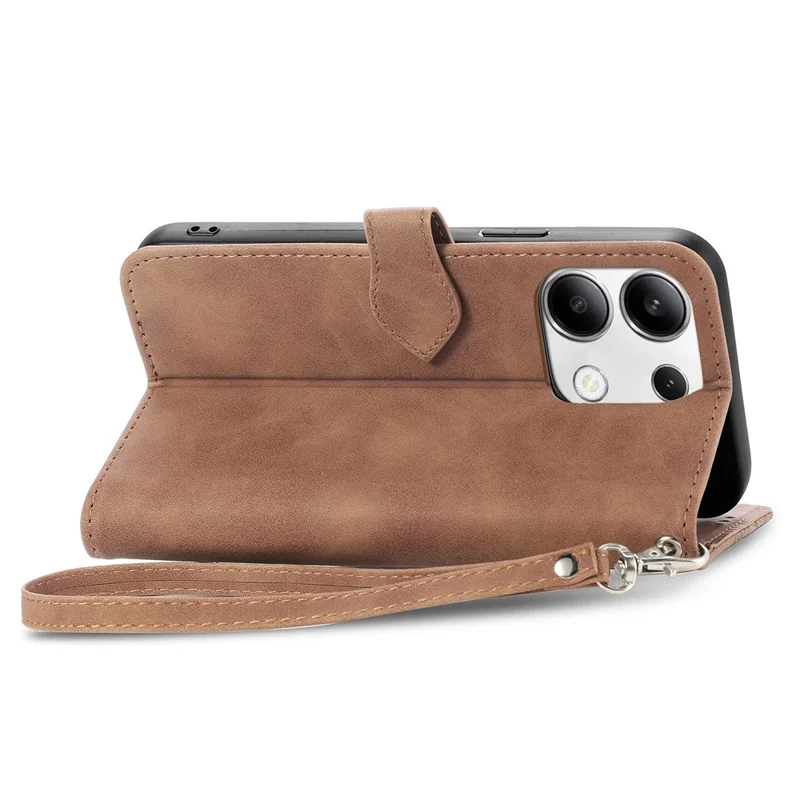 For Xiaomi Redmi Note 13 5G Zipper Wallet Case with Strap Flower Imprint PU Leather Phone Cover - Brown