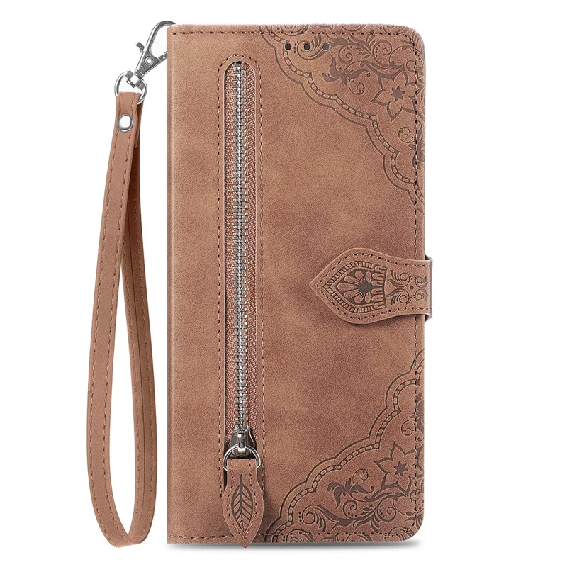 For Xiaomi Redmi Note 13 5G Zipper Wallet Case with Strap Flower Imprint PU Leather Phone Cover - Brown