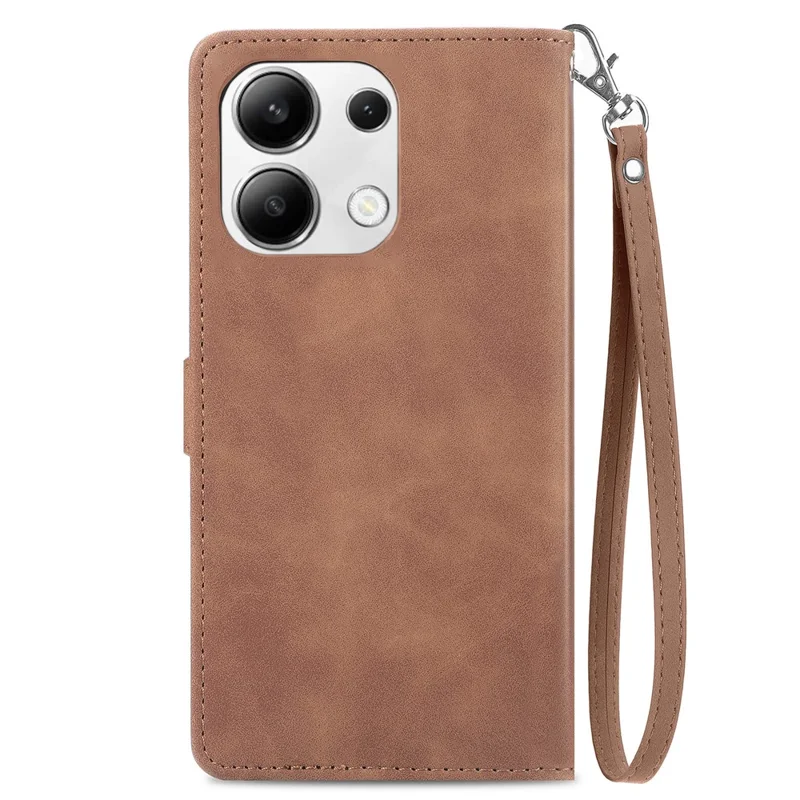 For Xiaomi Redmi Note 13 5G Zipper Wallet Case with Strap Flower Imprint PU Leather Phone Cover - Brown