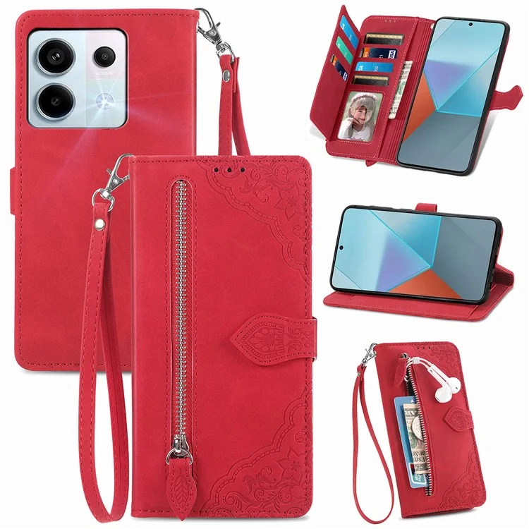 Para Xiaomi Redmi Note 13 Pro 5G / Poco X6 5G Funda Estampado Floral Bolso de Mano de Cuero PU Funda de Teléfono - Rojo