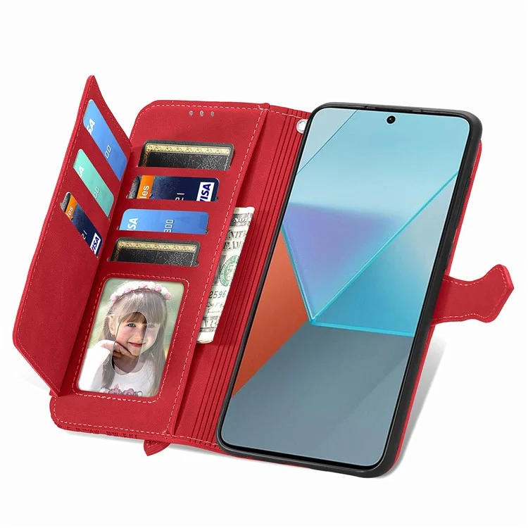 Para Xiaomi Redmi Note 13 Pro 5G / Poco X6 5G Funda Estampado Floral Bolso de Mano de Cuero PU Funda de Teléfono - Rojo