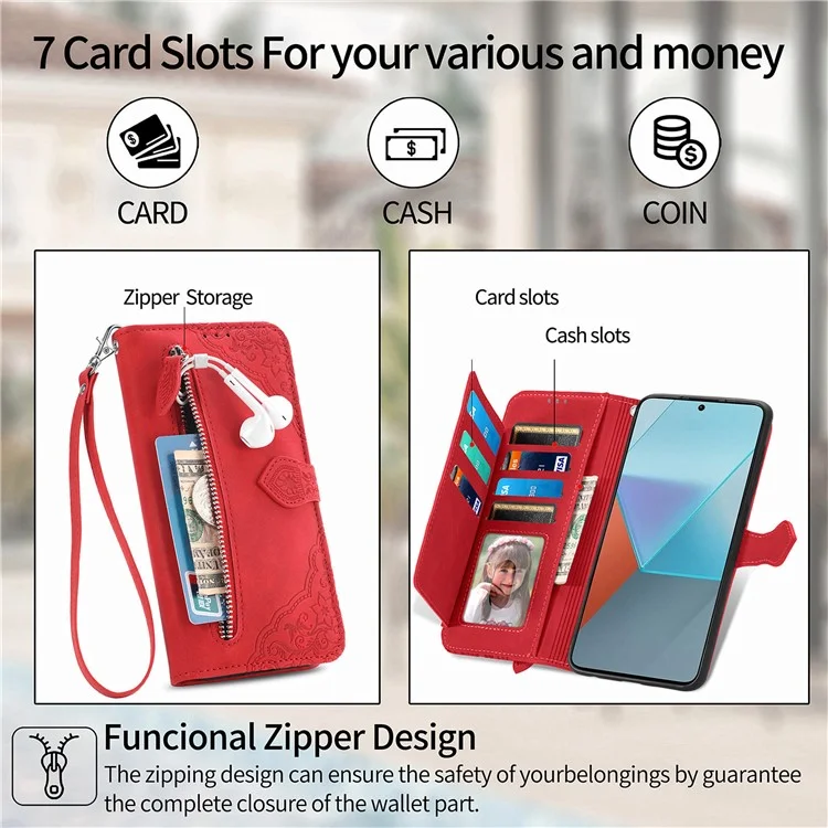 Para Xiaomi Redmi Note 13 Pro 5G / Poco X6 5G Funda Estampado Floral Bolso de Mano de Cuero PU Funda de Teléfono - Rojo