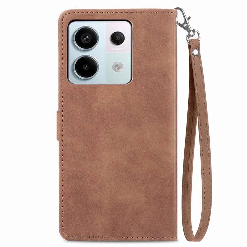 For Xiaomi Redmi Note 13 Pro 5G / Poco X6 5G Zipper Wallet Case with Strap Flower Imprint PU Leather Phone Cover - Brown