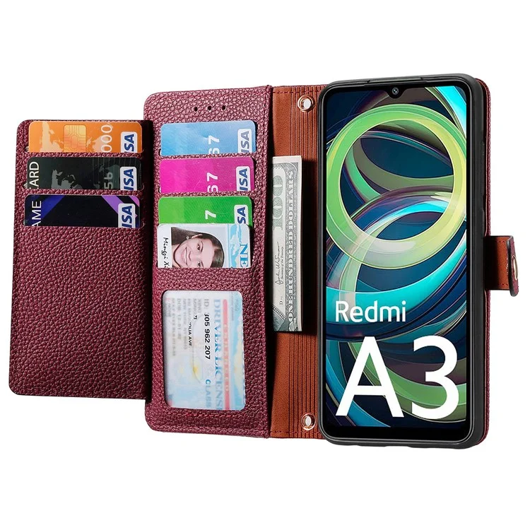 Para Xiaomi Redmi A3 / Poco C61 4G Case RFID Blocking Zipper Wallet Leather Flip Phone Cover - Vinho Tinto