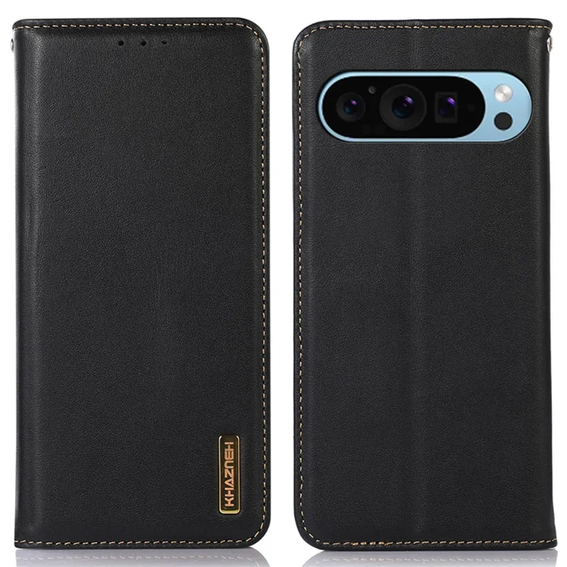 KHAZNEH For Google Pixel 10 Pro / 10 / 9 Pro / 9 Case Genuine Cow Leather RFID Blocking Wallet Flip Folio Phone Cover - Black
