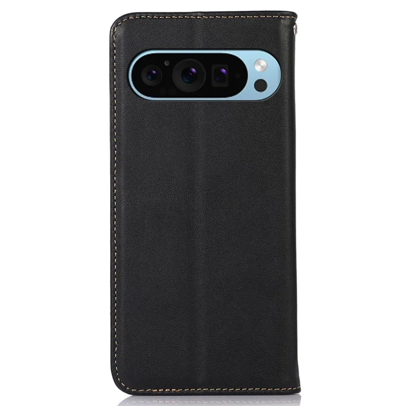 KHAZNEH For Google Pixel 10 Pro / 10 / 9 Pro / 9 Case Genuine Cow Leather RFID Blocking Wallet Flip Folio Phone Cover - Black