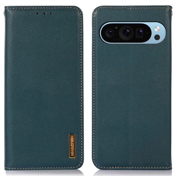 KHAZNEH для Google Pixel 9 / Pixel 9 Pro Чехол Genuine Cow Leather RFID Blocking Wallet Flip Folio Phone Cover - Зеленый