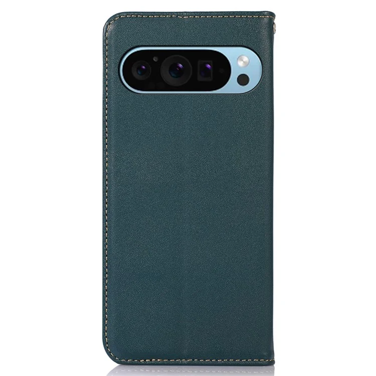 KHAZNEH для Google Pixel 9 / Pixel 9 Pro Чехол Genuine Cow Leather RFID Blocking Wallet Flip Folio Phone Cover - Зеленый
