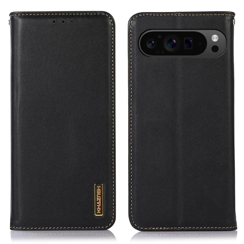 KHAZNEH For Google Pixel 10 Pro XL / 9 Pro XL Case RFID Blocking Genuine Cow Leather Wallet Phone Cover - Black