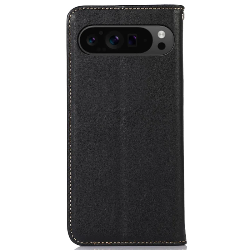 KHAZNEH For Google Pixel 10 Pro XL / 9 Pro XL Case RFID Blocking Genuine Cow Leather Wallet Phone Cover - Black