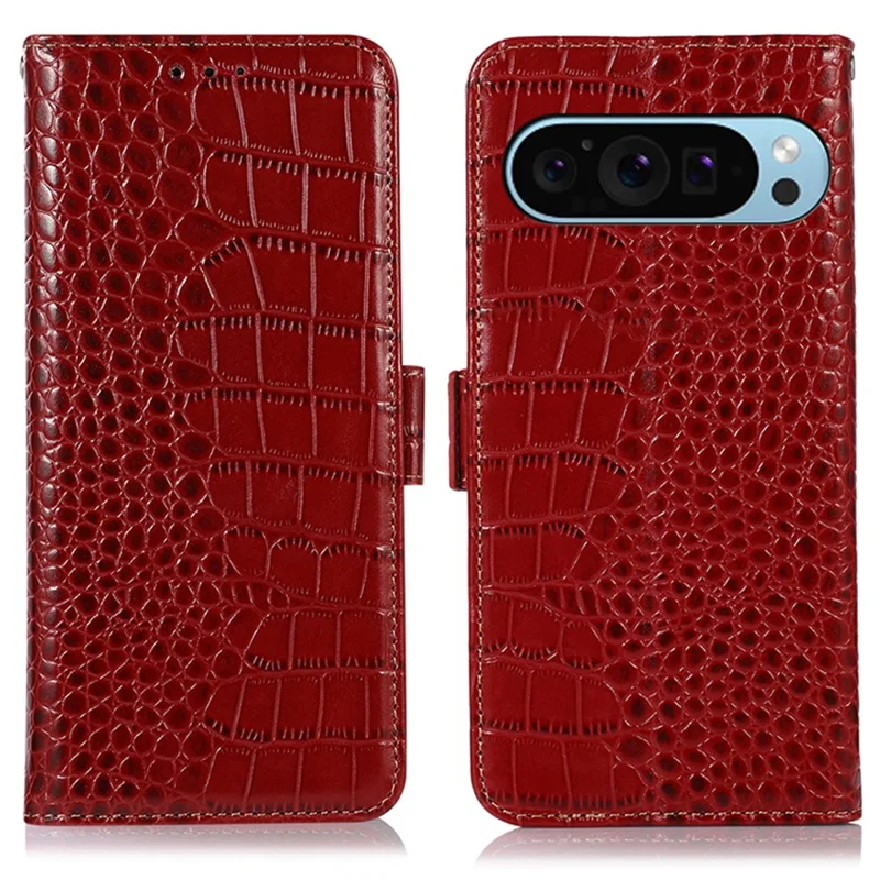 For Google Pixel 10 Pro / 10 / 9 Pro / 9 Magnetic Case Crocodile Texture RFID Blocking Wallet Phone Cover - Red