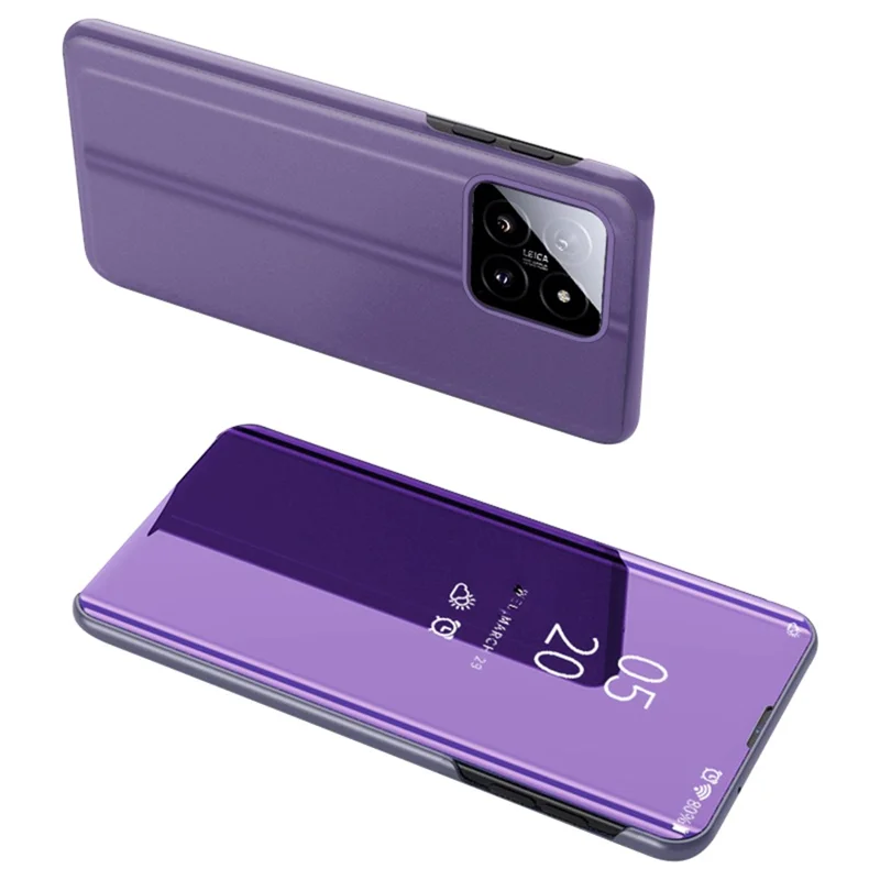 For Xiaomi 14 Case Leather+PC Stand View Window Cell Phone Cover - Purple  /  Blue