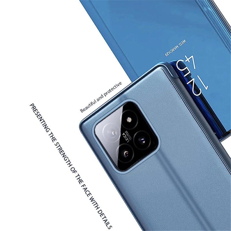 For Xiaomi 14 Case Leather+PC Stand View Window Cell Phone Cover - Purple  /  Blue