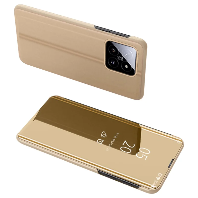 For Xiaomi 14 Case Leather+PC Stand View Window Cell Phone Cover - Gold