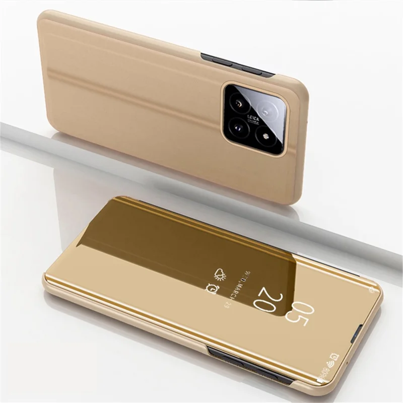For Xiaomi 14 Case Leather+PC Stand View Window Cell Phone Cover - Gold
