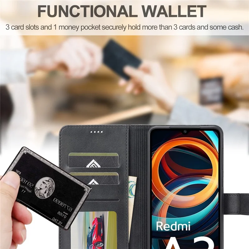 LC.IMEEKE til Xiaomi Redmi A3 / Poco C61 4G Taske med Kalvlæderstruktur Flip Stående Stødfast Telefonbeskyttelse - Sort