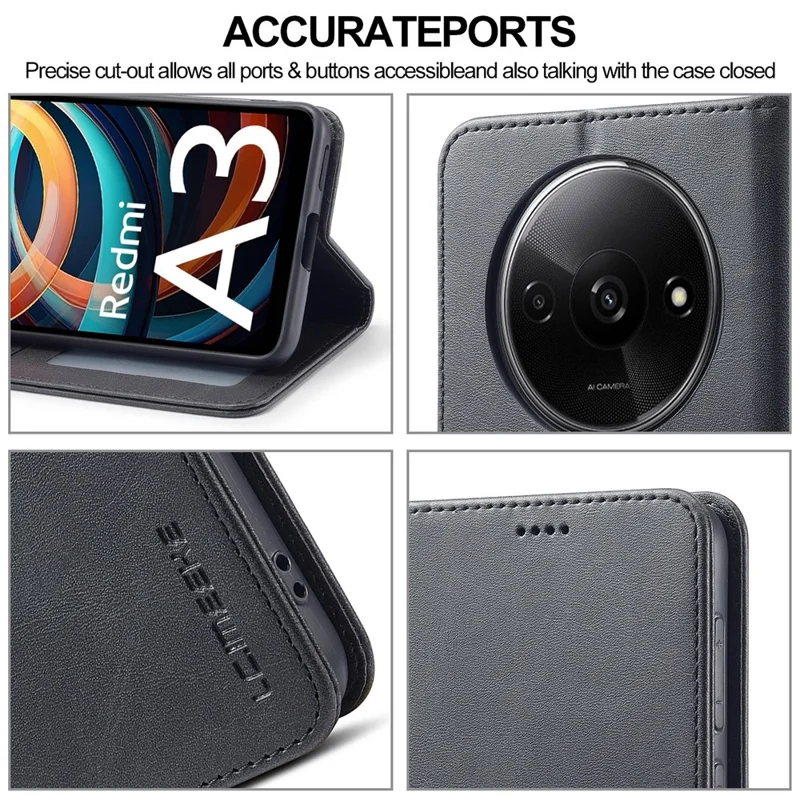 LC.IMEEKE til Xiaomi Redmi A3 / Poco C61 4G Taske med Kalvlæderstruktur Flip Stående Stødfast Telefonbeskyttelse - Sort
