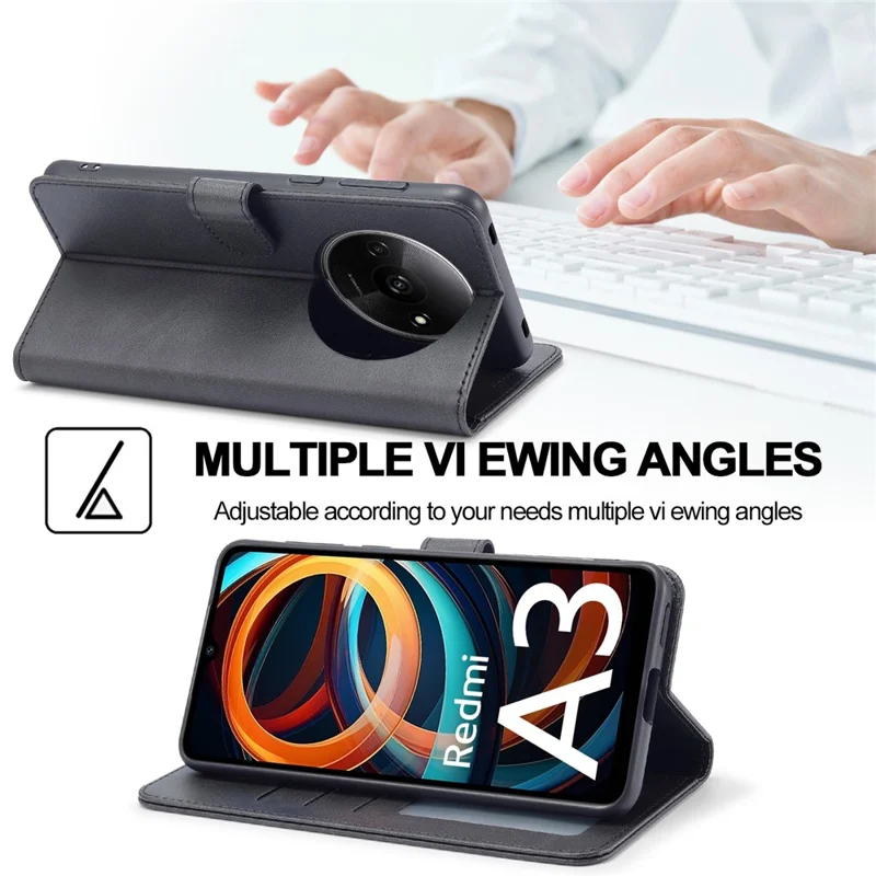 LC.IMEEKE til Xiaomi Redmi A3 / Poco C61 4G Taske med Kalvlæderstruktur Flip Stående Stødfast Telefonbeskyttelse - Sort