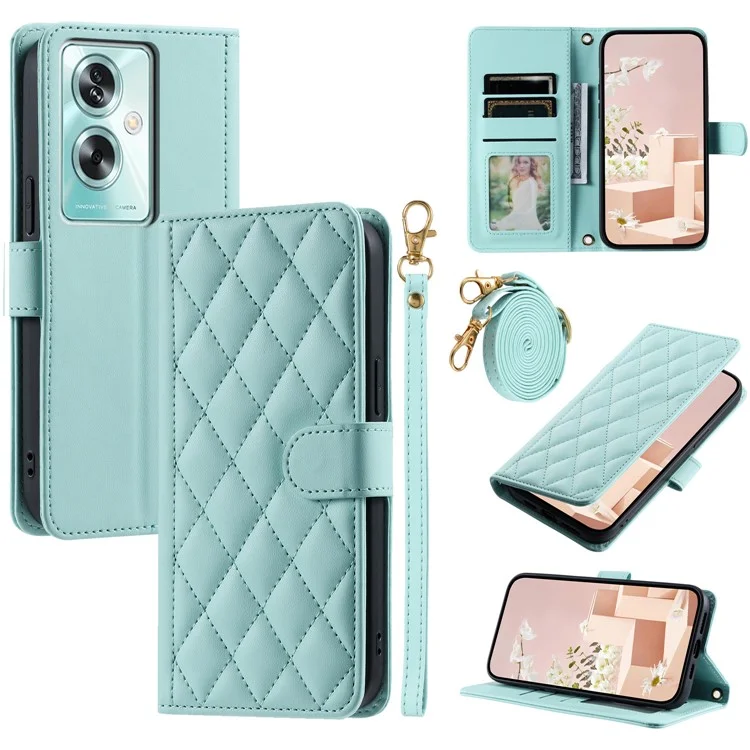 For Oppo A79 5G / A2 5G / OnePlus Nord N30 SE 5G Case Rhombus Grid Leather Crossbody Phone Cover - Mint Green