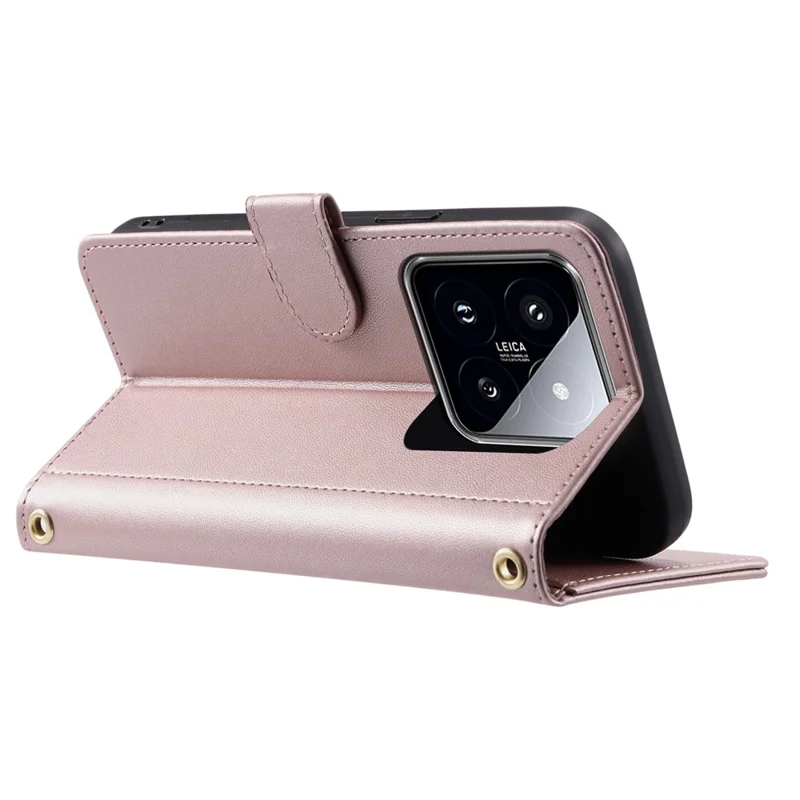 For Xiaomi 14 Case Stand View PU Leather Flip Phone Cover with Strap - Rose Gold