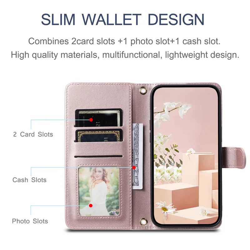 For Xiaomi 14 Case Stand View PU Leather Flip Phone Cover with Strap - Rose Gold