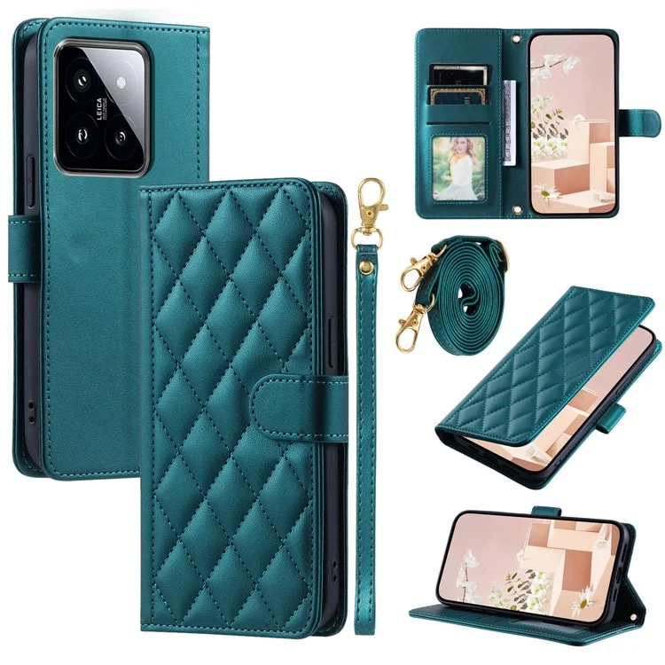 Para Xiaomi 14 Pro Case Rhombus Grid Stand Phone Cover com Correia Transversal - Verde