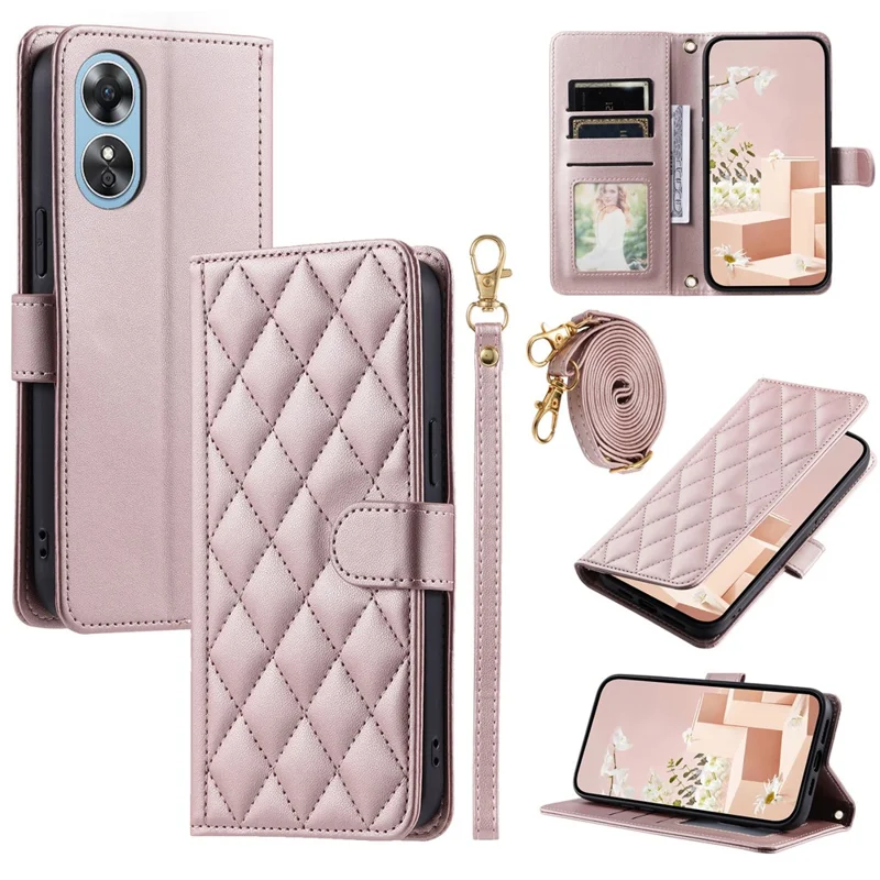 Pour Oppo A38 4G / A18 4G Étui avec bandoulière Motif losange Support Housse en cuir PU - Or rose