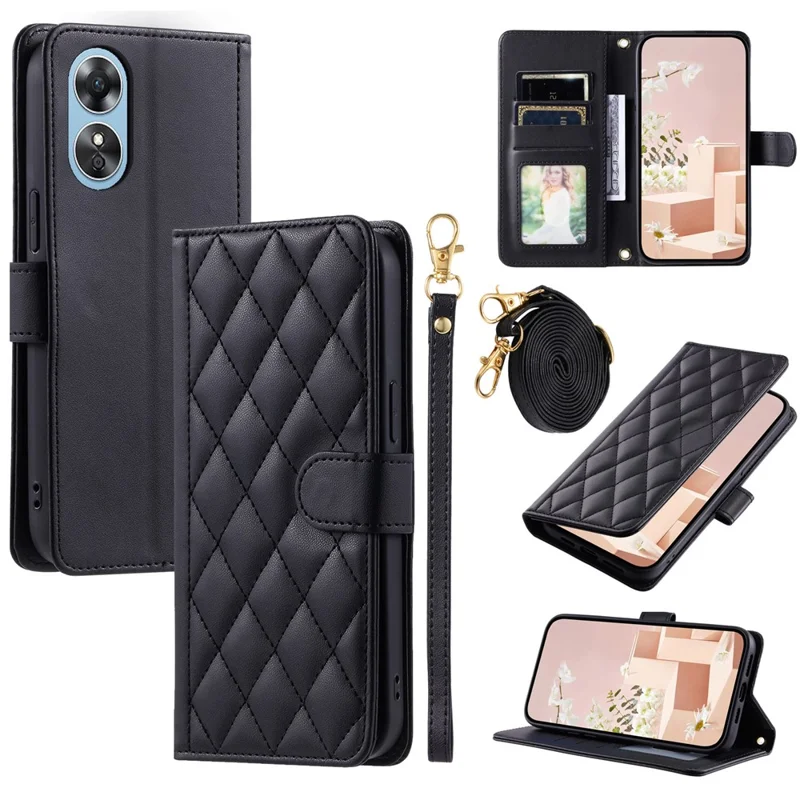 For Oppo A38 4G / A18 4G Case with Crossbody Strap Rhombus Pattern Stand PU Leather Phone Cover - Black