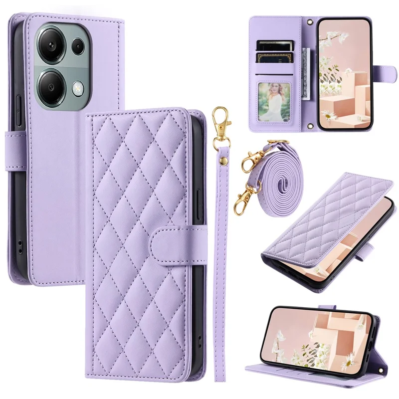 For Xiaomi Redmi Note 13 Pro 4G / Poco M6 Pro 4G Magnetic Phone Case Leather Rhombus Grid Stand Cover - Purple