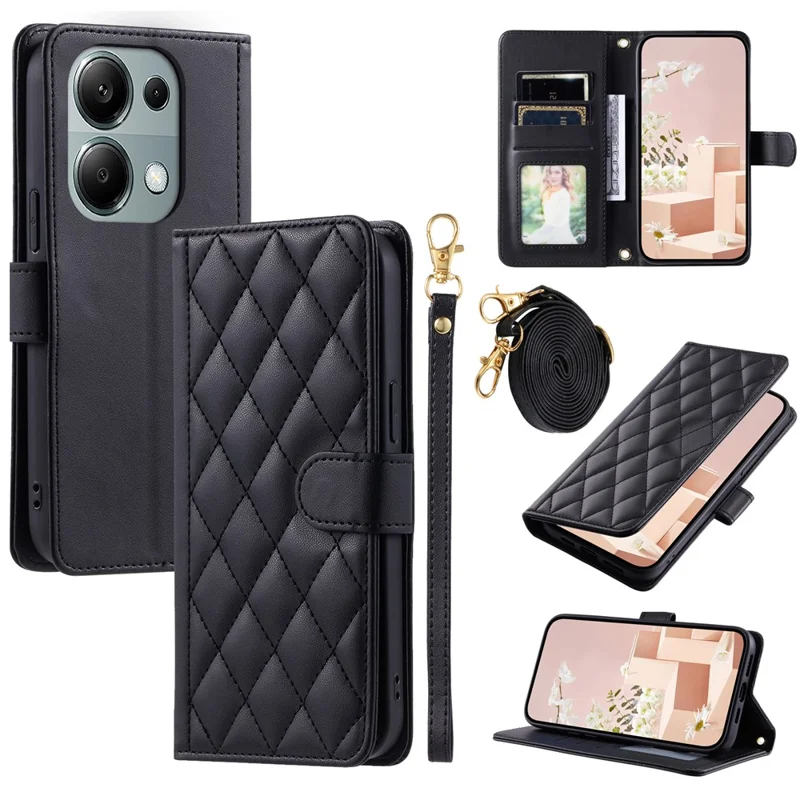 For Xiaomi Redmi Note 13 Pro 4G / Poco M6 Pro 4G Magnetic Phone Case Leather Rhombus Grid Stand Cover - Black