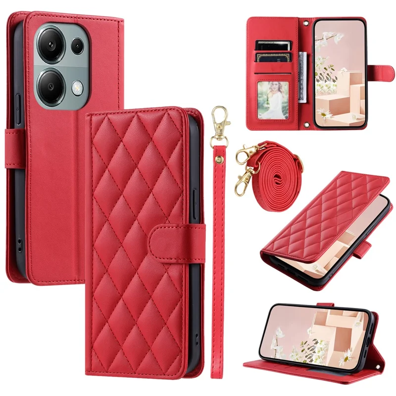For Xiaomi Redmi Note 13 Pro 4G / Poco M6 Pro 4G Magnetic Phone Case Leather Rhombus Grid Stand Cover - Red