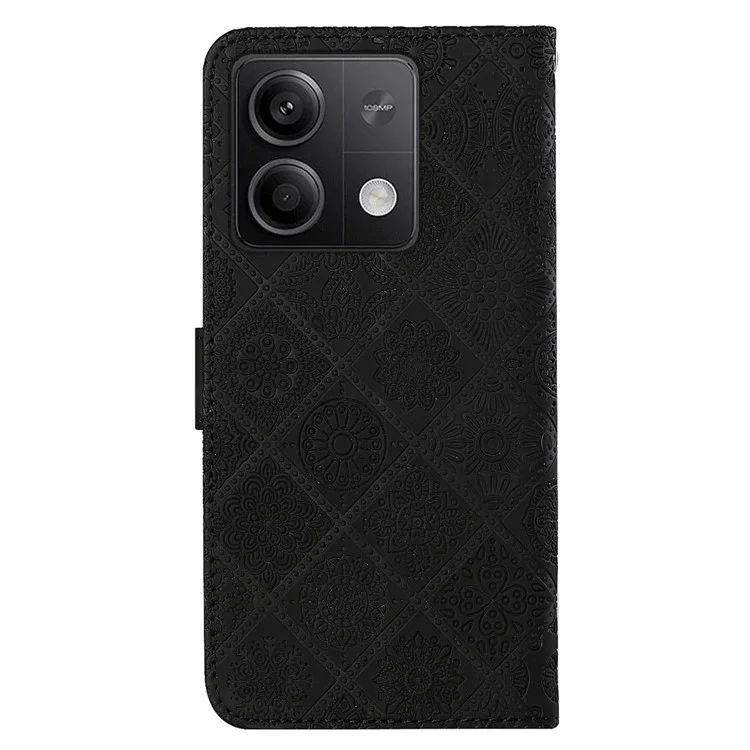 For Xiaomi Redmi Note 13 5G Phone Case Ethnic Style Imprinted Flower Pattern Leather Cover - Black