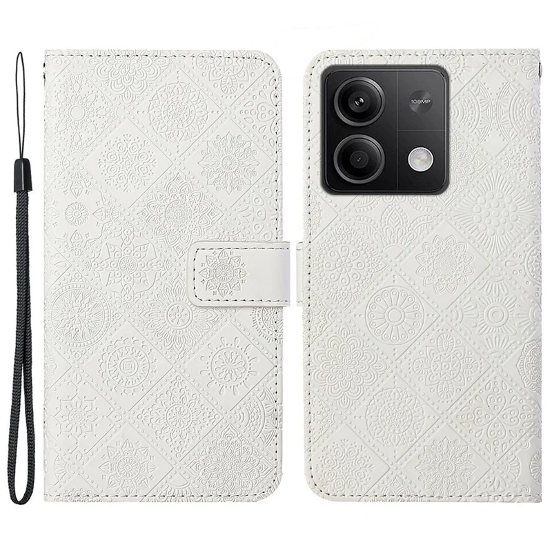 Para Xiaomi Redmi Note 13 5G Capa de Telefone Estilo Étnico Padrão de Flor Impresso Capa de Couro - Branco