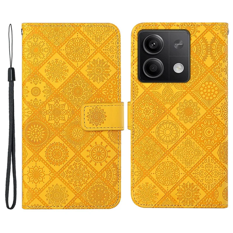 For Xiaomi Redmi Note 13 5G Phone Case Ethnic Style Imprinted Flower Pattern Leather Cover - Yellow