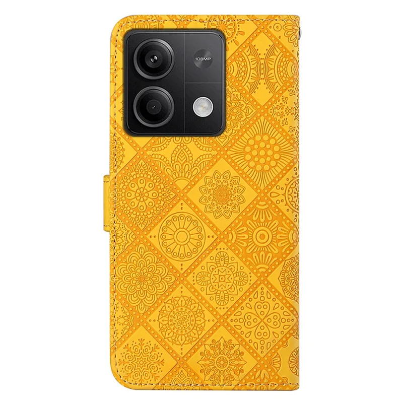 For Xiaomi Redmi Note 13 5G Phone Case Ethnic Style Imprinted Flower Pattern Leather Cover - Yellow