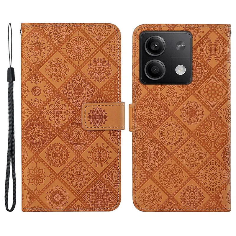For Xiaomi Redmi Note 13 5G Phone Case Ethnic Style Imprinted Flower Pattern Leather Cover - Brown