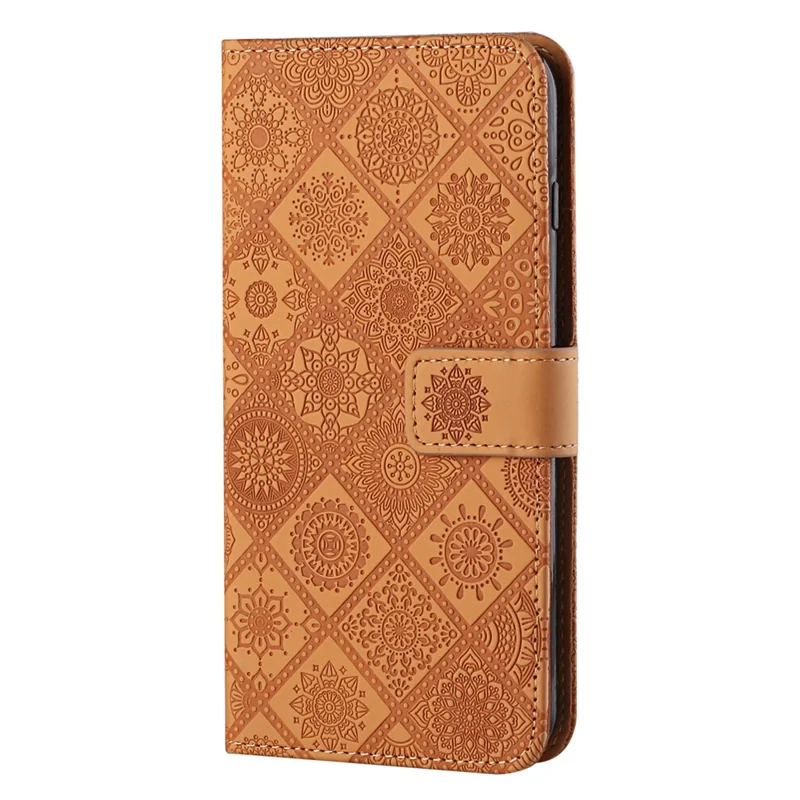 For Xiaomi Redmi Note 13 5G Phone Case Ethnic Style Imprinted Flower Pattern Leather Cover - Brown